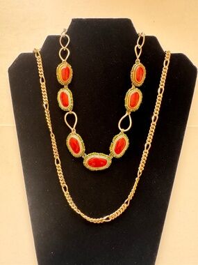 2 pcs Vintage Necklace Set Gold Tone Red Cabochon Statement Chain Retro Jewelry